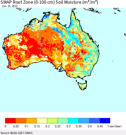 Australia SMAP Root Zone (0-100 cm) Soil Moisture (m³/m³) Thematic Map For 1/21/2022 - 1/25/2022