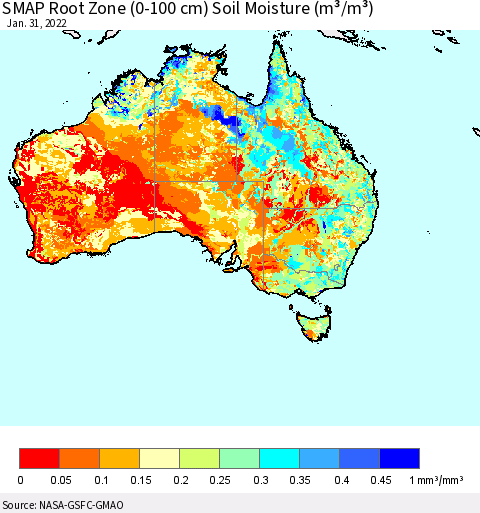 Australia SMAP Root Zone (0-100 cm) Soil Moisture (m³/m³) Thematic Map For 1/26/2022 - 1/31/2022