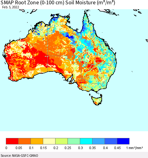 Australia SMAP Root Zone (0-100 cm) Soil Moisture (m³/m³) Thematic Map For 2/1/2022 - 2/5/2022