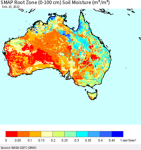 Australia SMAP Root Zone (0-100 cm) Soil Moisture (m³/m³) Thematic Map For 2/6/2022 - 2/10/2022