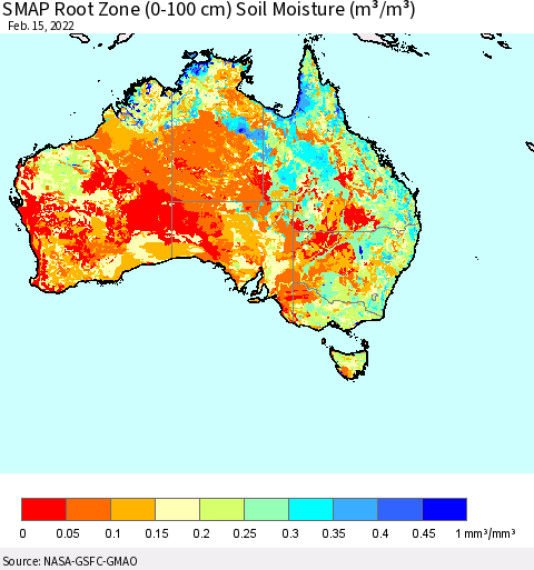 Australia SMAP Root Zone (0-100 cm) Soil Moisture (m³/m³) Thematic Map For 2/11/2022 - 2/15/2022