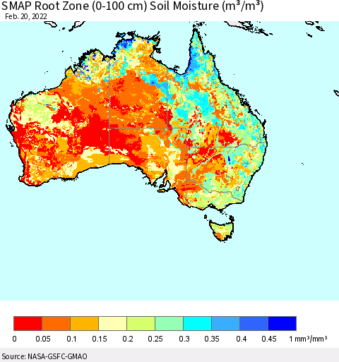 Australia SMAP Root Zone (0-100 cm) Soil Moisture (m³/m³) Thematic Map For 2/16/2022 - 2/20/2022