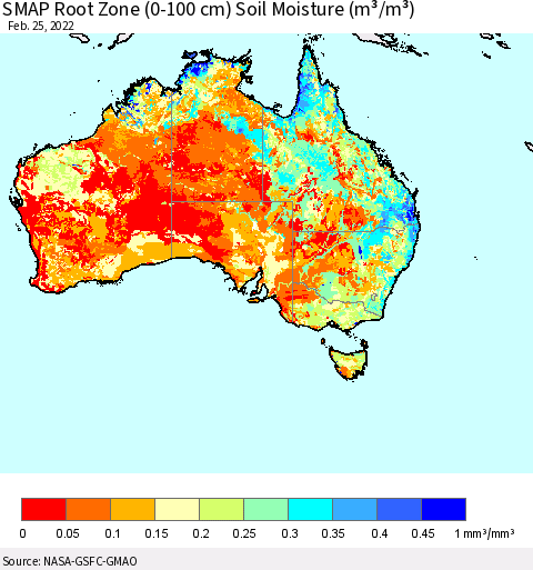 Australia SMAP Root Zone (0-100 cm) Soil Moisture (m³/m³) Thematic Map For 2/21/2022 - 2/25/2022