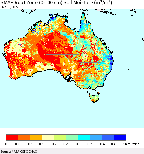 Australia SMAP Root Zone (0-100 cm) Soil Moisture (m³/m³) Thematic Map For 3/1/2022 - 3/5/2022