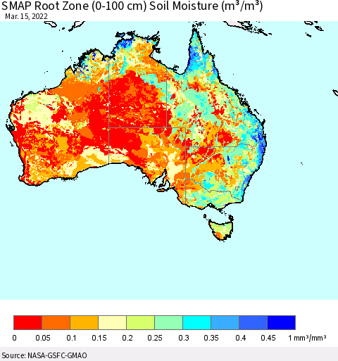 Australia SMAP Root Zone (0-100 cm) Soil Moisture (m³/m³) Thematic Map For 3/11/2022 - 3/15/2022