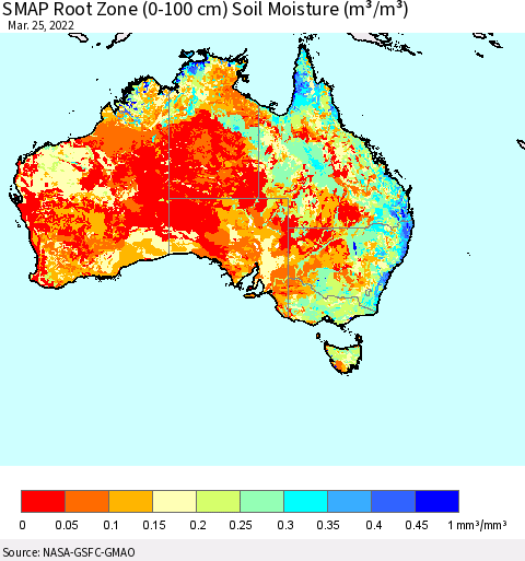Australia SMAP Root Zone (0-100 cm) Soil Moisture (m³/m³) Thematic Map For 3/21/2022 - 3/25/2022