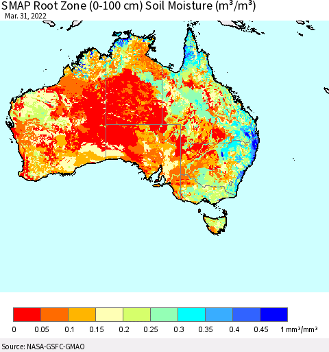 Australia SMAP Root Zone (0-100 cm) Soil Moisture (m³/m³) Thematic Map For 3/26/2022 - 3/31/2022