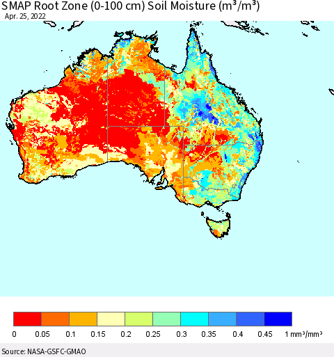Australia SMAP Root Zone (0-100 cm) Soil Moisture (m³/m³) Thematic Map For 4/21/2022 - 4/25/2022