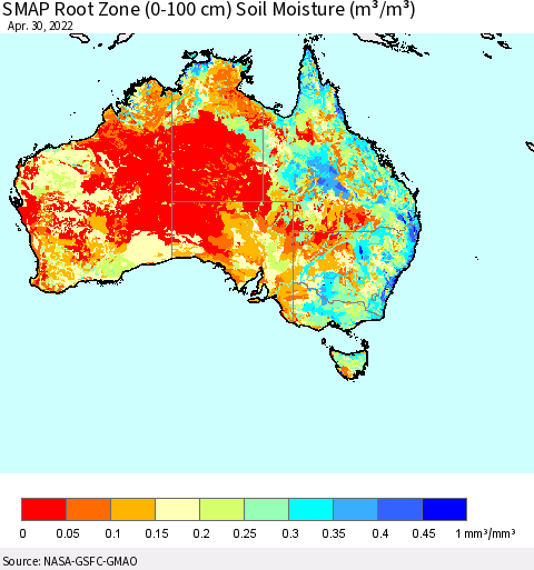 Australia SMAP Root Zone (0-100 cm) Soil Moisture (m³/m³) Thematic Map For 4/26/2022 - 4/30/2022