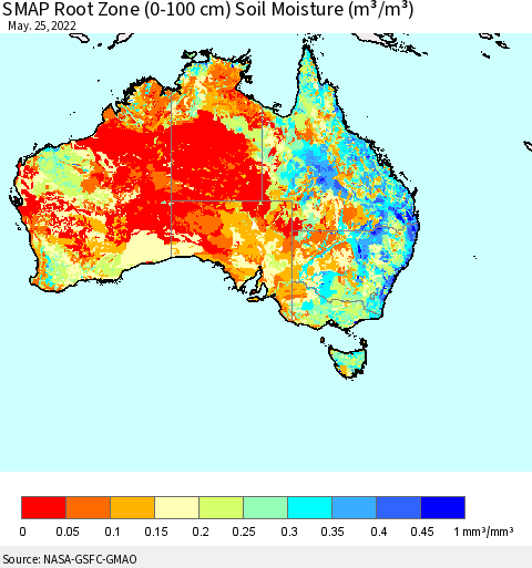 Australia SMAP Root Zone (0-100 cm) Soil Moisture (m³/m³) Thematic Map For 5/21/2022 - 5/25/2022