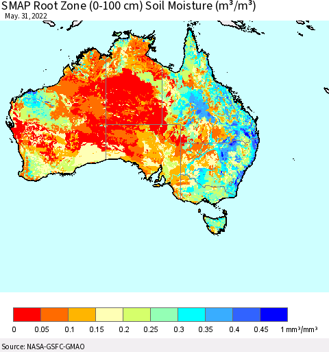 Australia SMAP Root Zone (0-100 cm) Soil Moisture (m³/m³) Thematic Map For 5/26/2022 - 5/31/2022