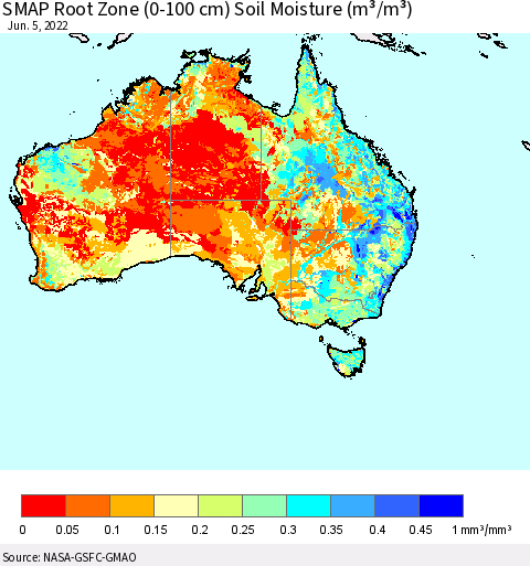 Australia SMAP Root Zone (0-100 cm) Soil Moisture (m³/m³) Thematic Map For 6/1/2022 - 6/5/2022