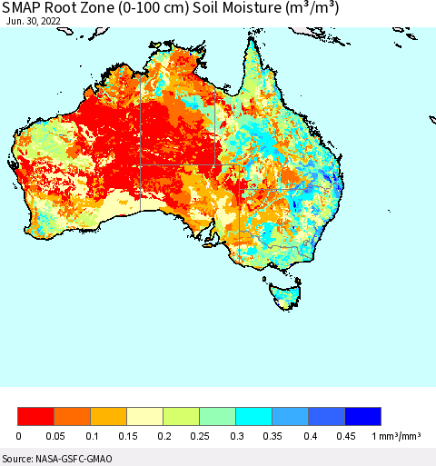 Australia SMAP Root Zone (0-100 cm) Soil Moisture (m³/m³) Thematic Map For 6/26/2022 - 6/30/2022