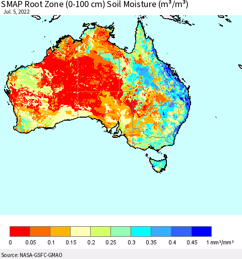 Australia SMAP Root Zone (0-100 cm) Soil Moisture (m³/m³) Thematic Map For 7/1/2022 - 7/5/2022