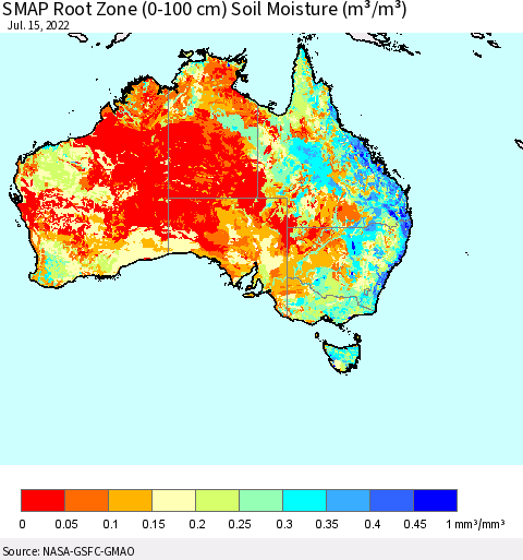 Australia SMAP Root Zone (0-100 cm) Soil Moisture (m³/m³) Thematic Map For 7/11/2022 - 7/15/2022