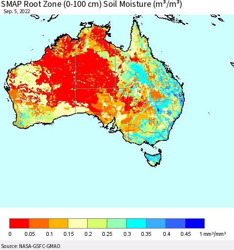Australia SMAP Root Zone (0-100 cm) Soil Moisture (m³/m³) Thematic Map For 9/1/2022 - 9/5/2022