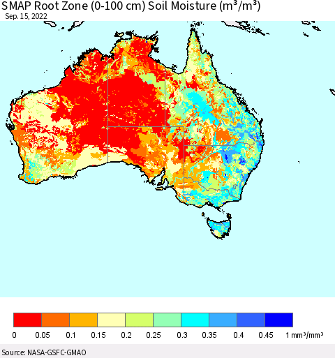 Australia SMAP Root Zone (0-100 cm) Soil Moisture (m³/m³) Thematic Map For 9/11/2022 - 9/15/2022