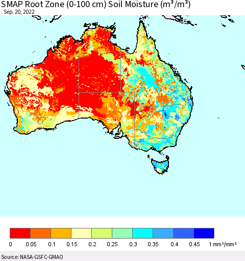 Australia SMAP Root Zone (0-100 cm) Soil Moisture (m³/m³) Thematic Map For 9/16/2022 - 9/20/2022