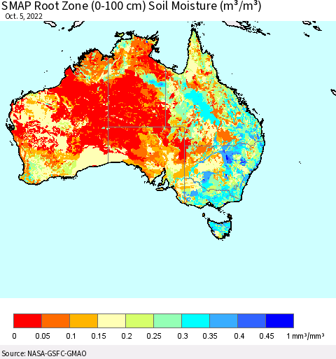 Australia SMAP Root Zone (0-100 cm) Soil Moisture (m³/m³) Thematic Map For 10/1/2022 - 10/5/2022