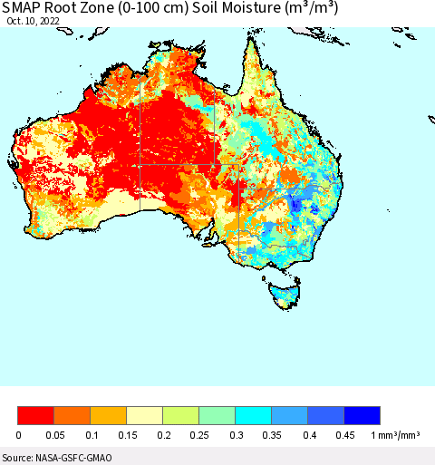 Australia SMAP Root Zone (0-100 cm) Soil Moisture (m³/m³) Thematic Map For 10/6/2022 - 10/10/2022