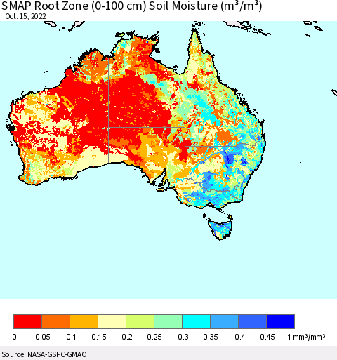 Australia SMAP Root Zone (0-100 cm) Soil Moisture (m³/m³) Thematic Map For 10/11/2022 - 10/15/2022