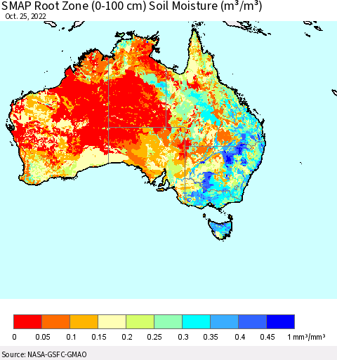 Australia SMAP Root Zone (0-100 cm) Soil Moisture (m³/m³) Thematic Map For 10/21/2022 - 10/25/2022