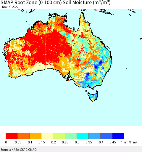 Australia SMAP Root Zone (0-100 cm) Soil Moisture (m³/m³) Thematic Map For 11/1/2022 - 11/5/2022