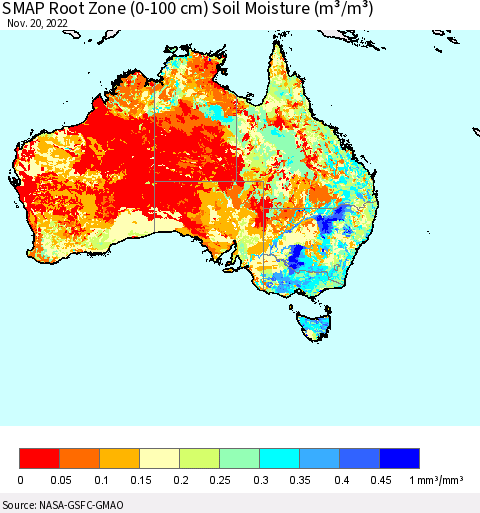 Australia SMAP Root Zone (0-100 cm) Soil Moisture (m³/m³) Thematic Map For 11/16/2022 - 11/20/2022
