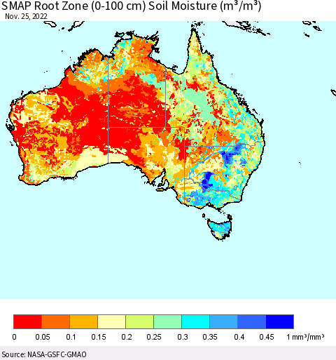 Australia SMAP Root Zone (0-100 cm) Soil Moisture (m³/m³) Thematic Map For 11/21/2022 - 11/25/2022