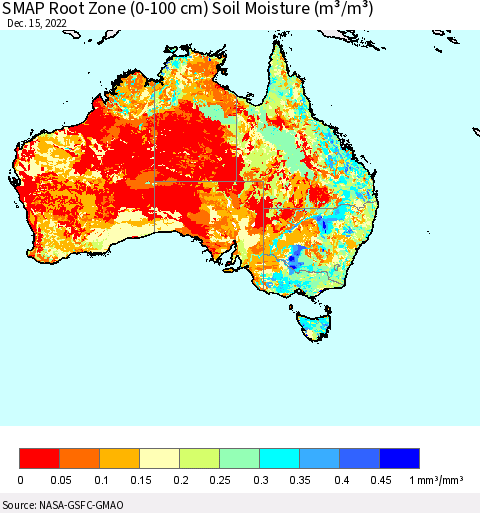 Australia SMAP Root Zone (0-100 cm) Soil Moisture (m³/m³) Thematic Map For 12/11/2022 - 12/15/2022