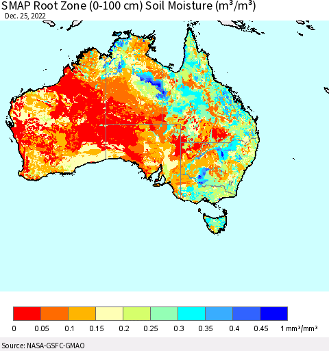 Australia SMAP Root Zone (0-100 cm) Soil Moisture (m³/m³) Thematic Map For 12/21/2022 - 12/25/2022