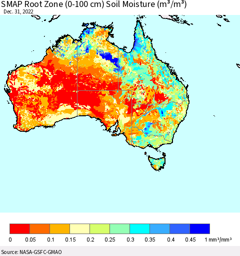 Australia SMAP Root Zone (0-100 cm) Soil Moisture (m³/m³) Thematic Map For 12/26/2022 - 12/31/2022