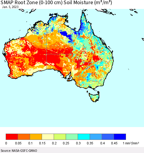 Australia SMAP Root Zone (0-100 cm) Soil Moisture (m³/m³) Thematic Map For 1/1/2023 - 1/5/2023