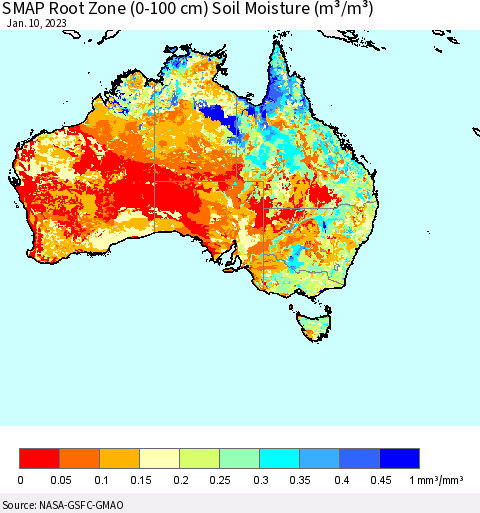 Australia SMAP Root Zone (0-100 cm) Soil Moisture (m³/m³) Thematic Map For 1/6/2023 - 1/10/2023