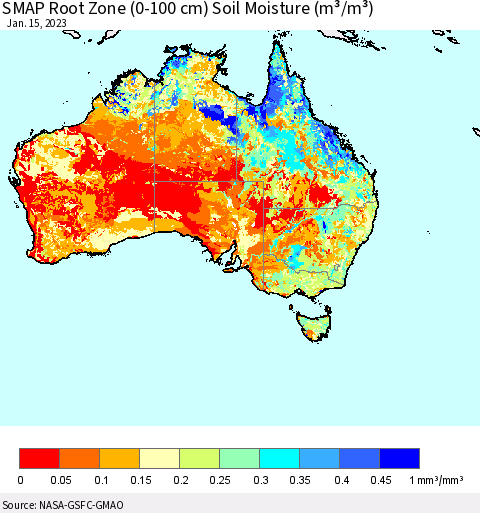 Australia SMAP Root Zone (0-100 cm) Soil Moisture (m³/m³) Thematic Map For 1/11/2023 - 1/15/2023