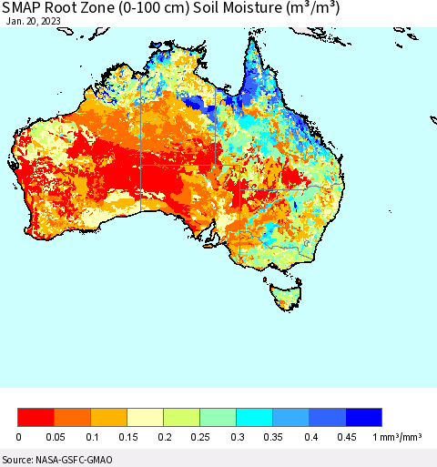 Australia SMAP Root Zone (0-100 cm) Soil Moisture (m³/m³) Thematic Map For 1/16/2023 - 1/20/2023