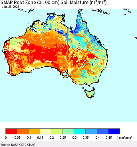 Australia SMAP Root Zone (0-100 cm) Soil Moisture (m³/m³) Thematic Map For 1/21/2023 - 1/25/2023