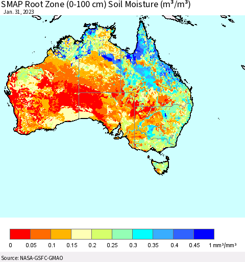 Australia SMAP Root Zone (0-100 cm) Soil Moisture (m³/m³) Thematic Map For 1/26/2023 - 1/31/2023