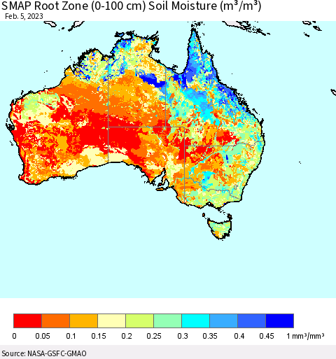 Australia SMAP Root Zone (0-100 cm) Soil Moisture (m³/m³) Thematic Map For 2/1/2023 - 2/5/2023