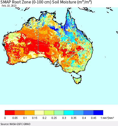 Australia SMAP Root Zone (0-100 cm) Soil Moisture (m³/m³) Thematic Map For 2/6/2023 - 2/10/2023