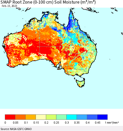 Australia SMAP Root Zone (0-100 cm) Soil Moisture (m³/m³) Thematic Map For 2/11/2023 - 2/15/2023