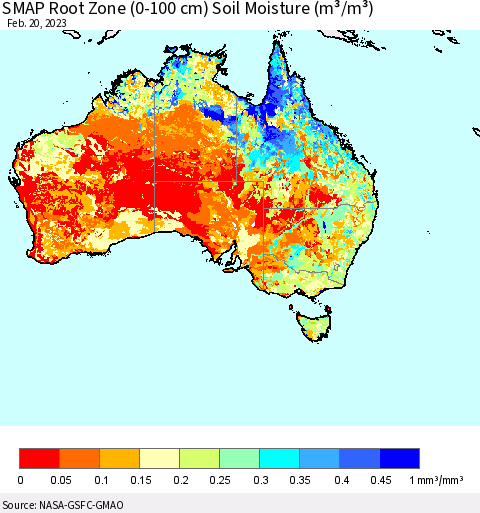 Australia SMAP Root Zone (0-100 cm) Soil Moisture (m³/m³) Thematic Map For 2/16/2023 - 2/20/2023
