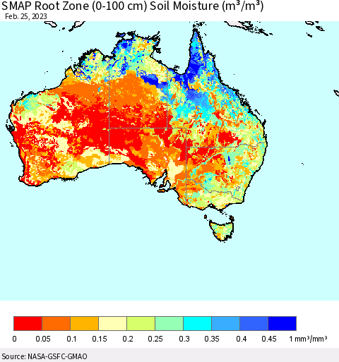 Australia SMAP Root Zone (0-100 cm) Soil Moisture (m³/m³) Thematic Map For 2/21/2023 - 2/25/2023