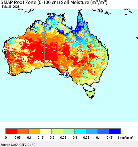 Australia SMAP Root Zone (0-100 cm) Soil Moisture (m³/m³) Thematic Map For 2/26/2023 - 2/28/2023