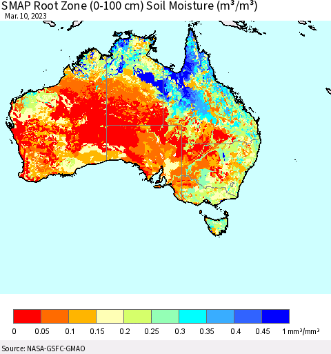 Australia SMAP Root Zone (0-100 cm) Soil Moisture (m³/m³) Thematic Map For 3/6/2023 - 3/10/2023