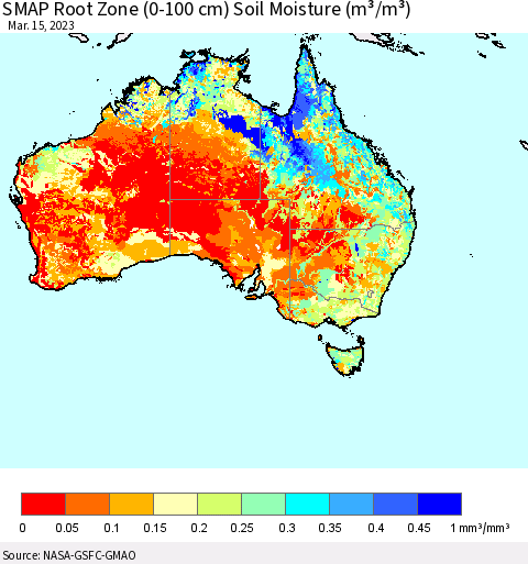 Australia SMAP Root Zone (0-100 cm) Soil Moisture (m³/m³) Thematic Map For 3/11/2023 - 3/15/2023