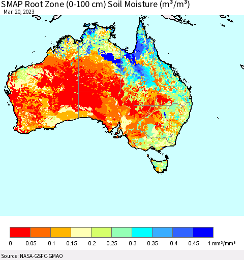 Australia SMAP Root Zone (0-100 cm) Soil Moisture (m³/m³) Thematic Map For 3/16/2023 - 3/20/2023