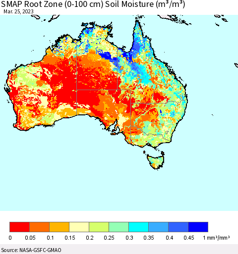 Australia SMAP Root Zone (0-100 cm) Soil Moisture (m³/m³) Thematic Map For 3/21/2023 - 3/25/2023