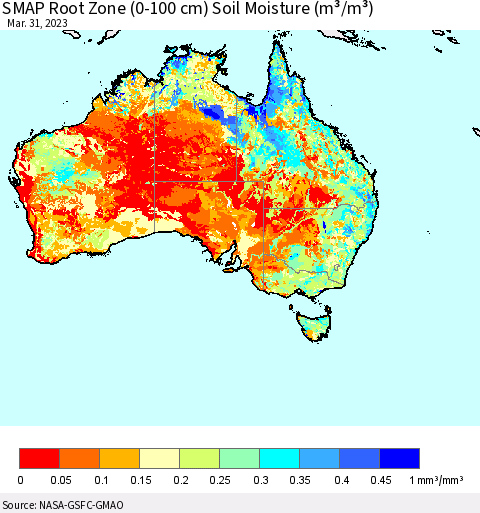 Australia SMAP Root Zone (0-100 cm) Soil Moisture (m³/m³) Thematic Map For 3/26/2023 - 3/31/2023