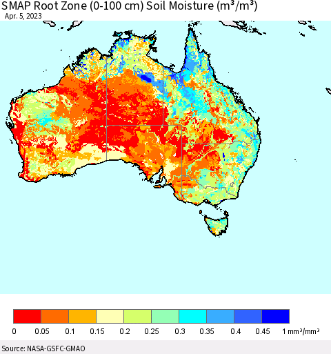 Australia SMAP Root Zone (0-100 cm) Soil Moisture (m³/m³) Thematic Map For 4/1/2023 - 4/5/2023